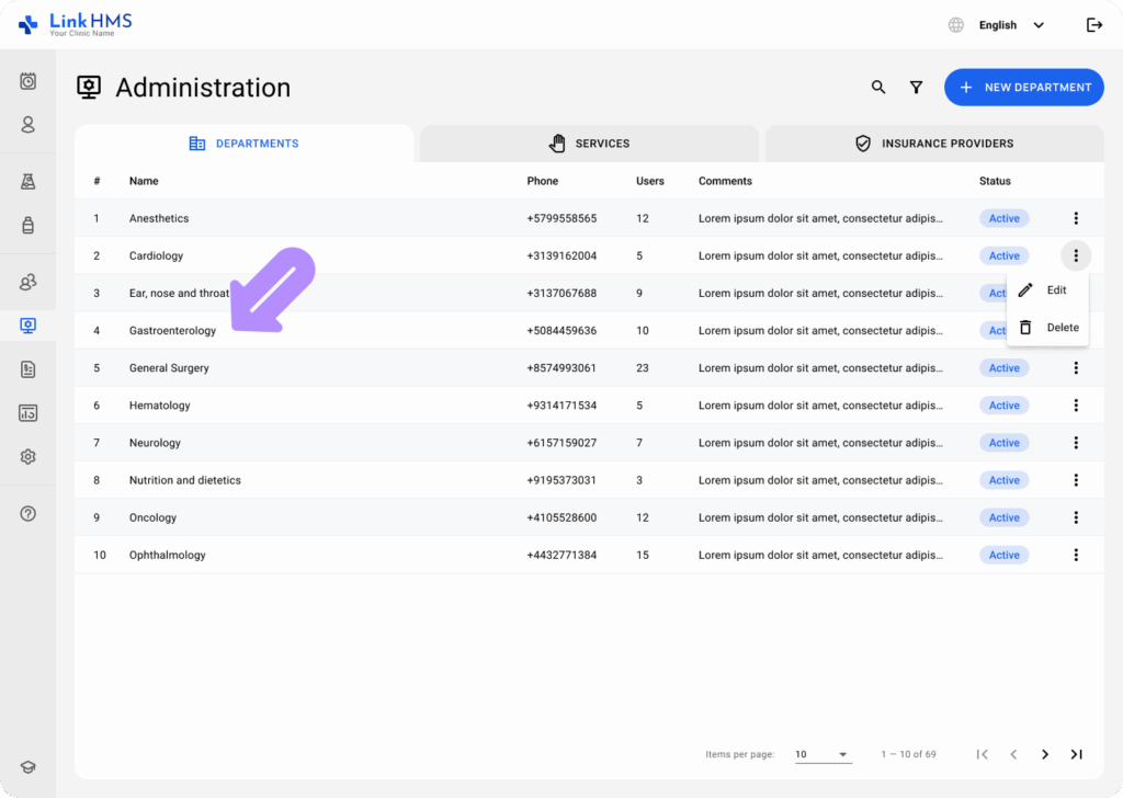 LinkHMS assigning and creating services within a department 1