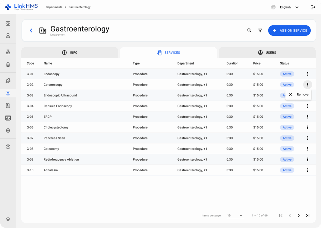 LinkHMS assigning and creating services within a department 4