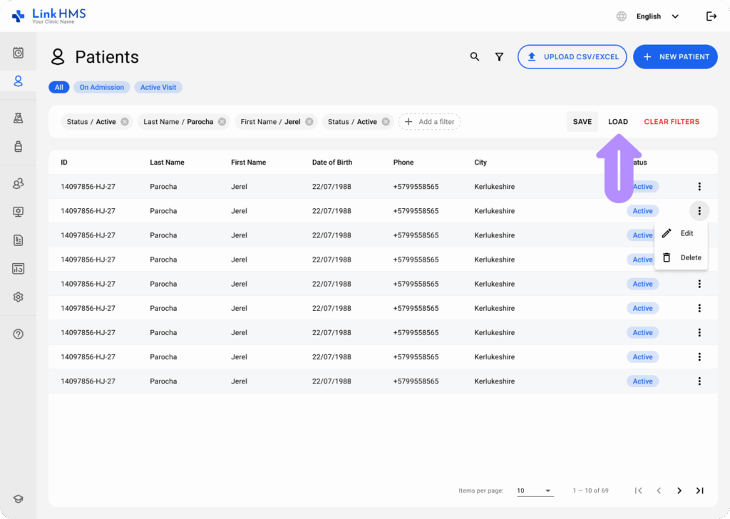 LinkHMS filtering and searching for patients 10