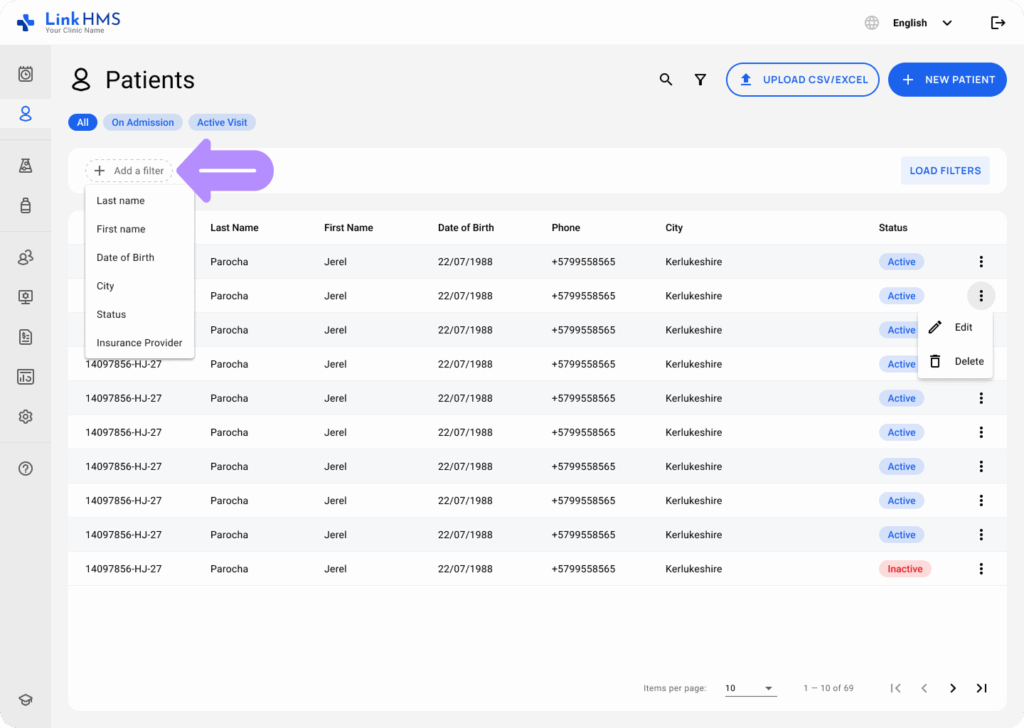 LinkHMS filtering and searching for patients 3
