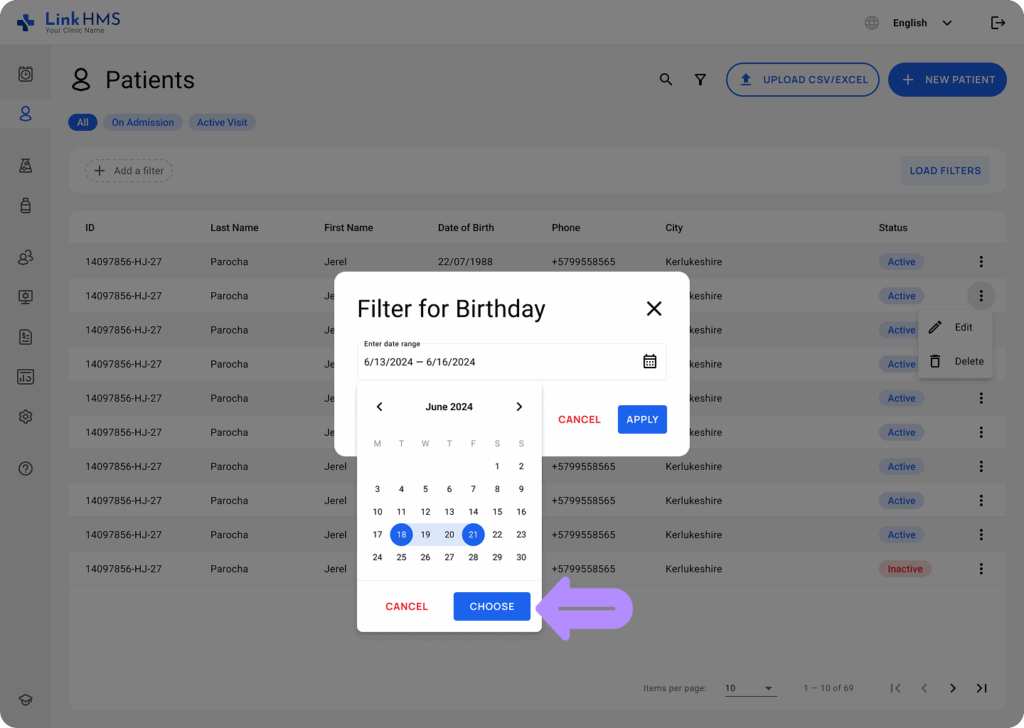 LinkHMS filtering and searching for patients 5