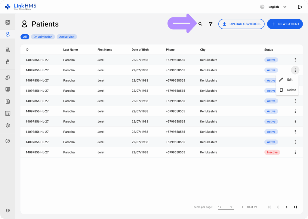 LinkHMS filtering and searching for patients 7