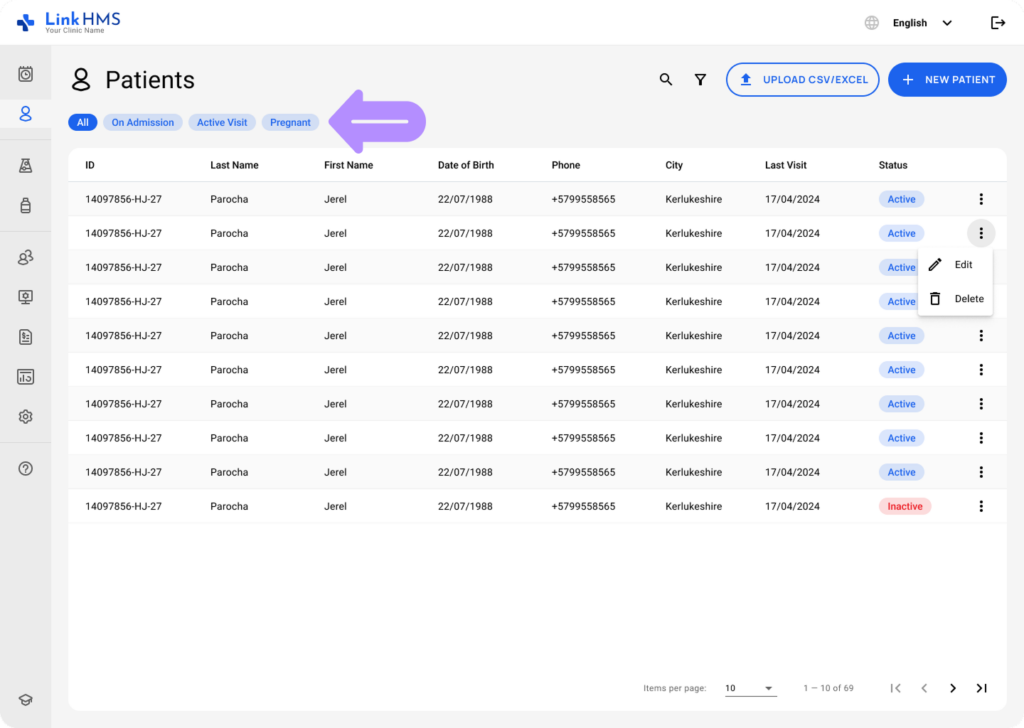 LinkHMS patient filters 1