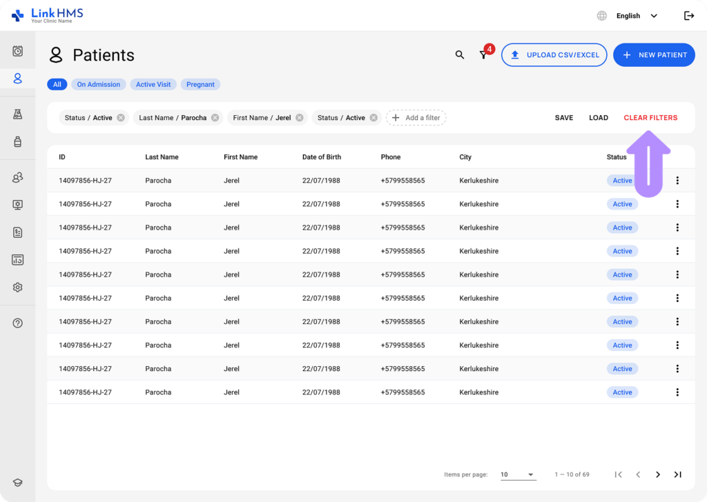 LinkHMS patient filters 10