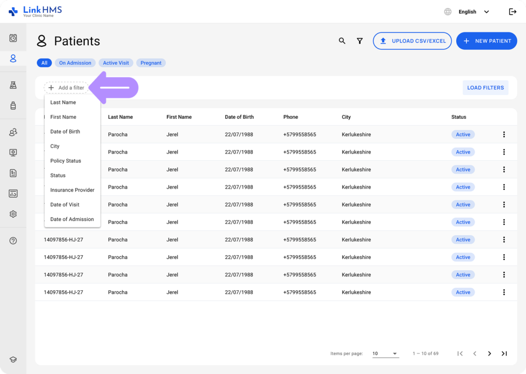 LinkHMS patient filters 3