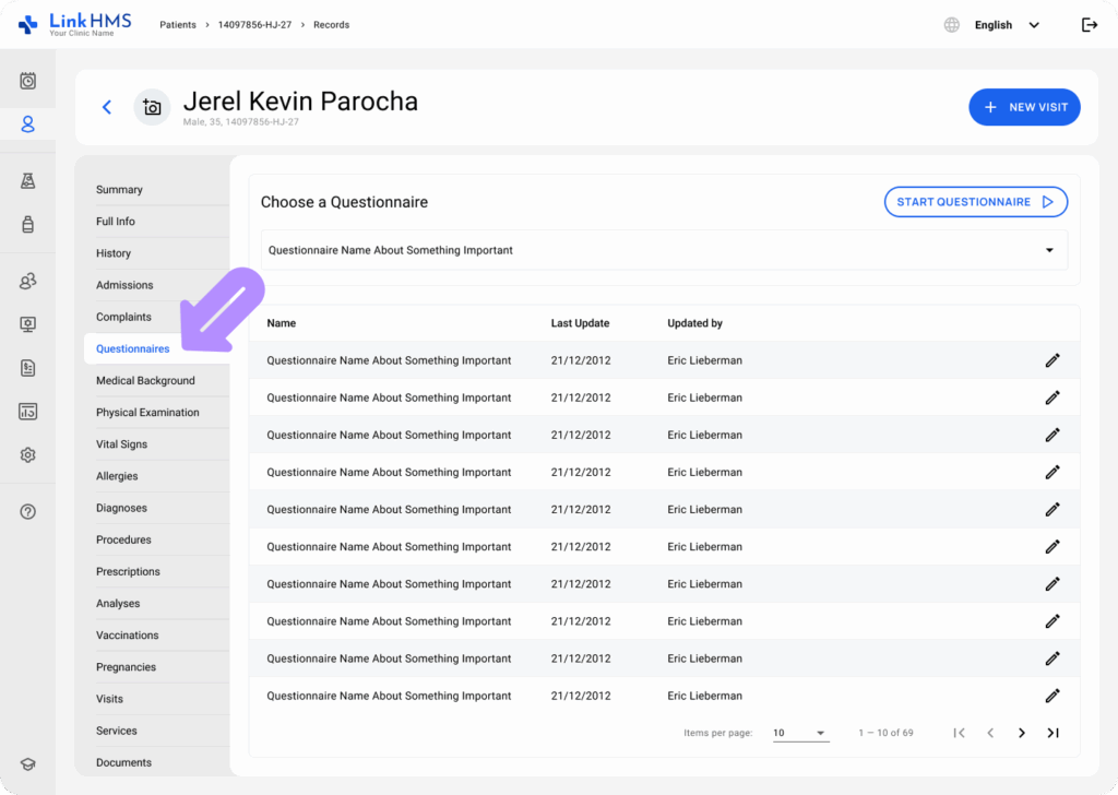 LinkHMS questionnaires tab in EMR