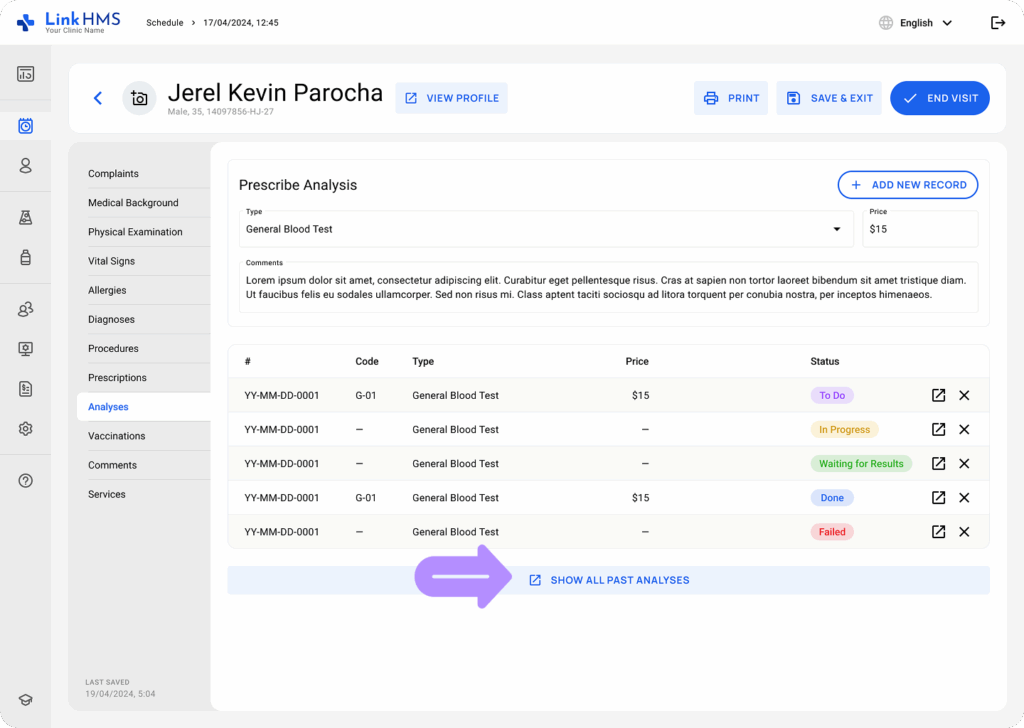 LinkHMS add analysis charges to the visit invoice