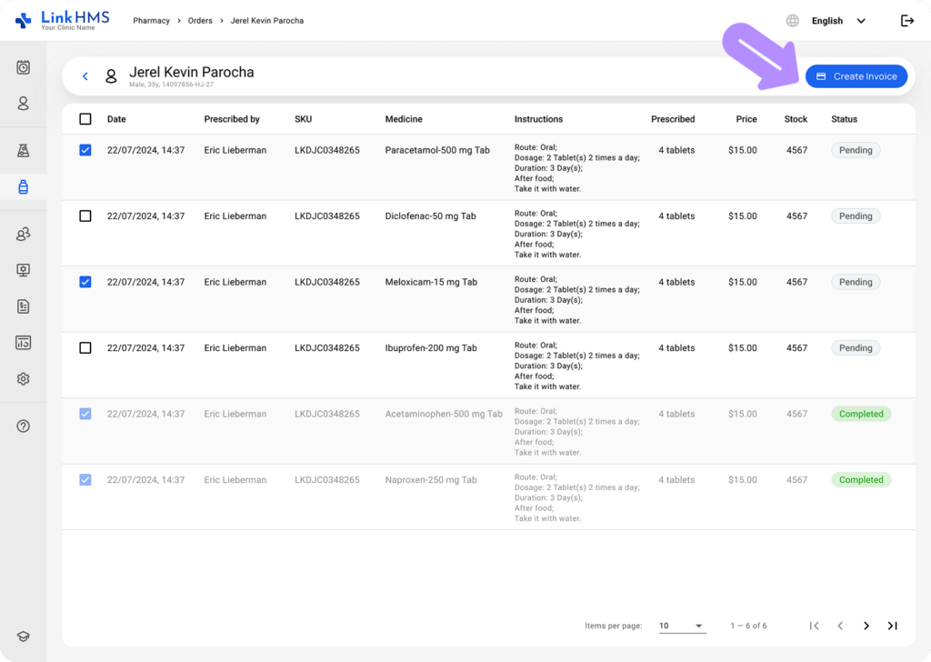 LinkHMS create prescription invoice 2