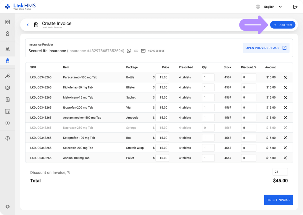 LinkHMS create prescription invoice 3
