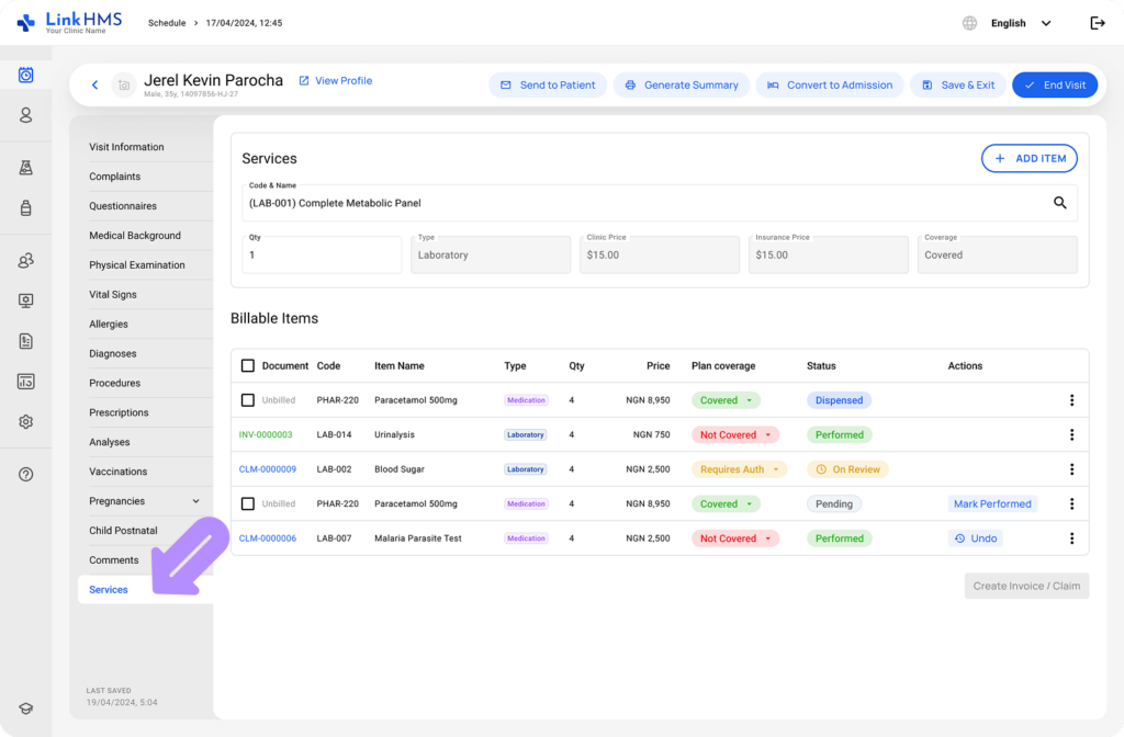 LinkHMS visit invoicing 1