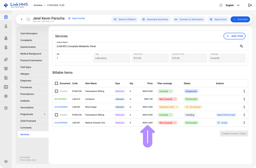 LinkHMS visit invoicing 2