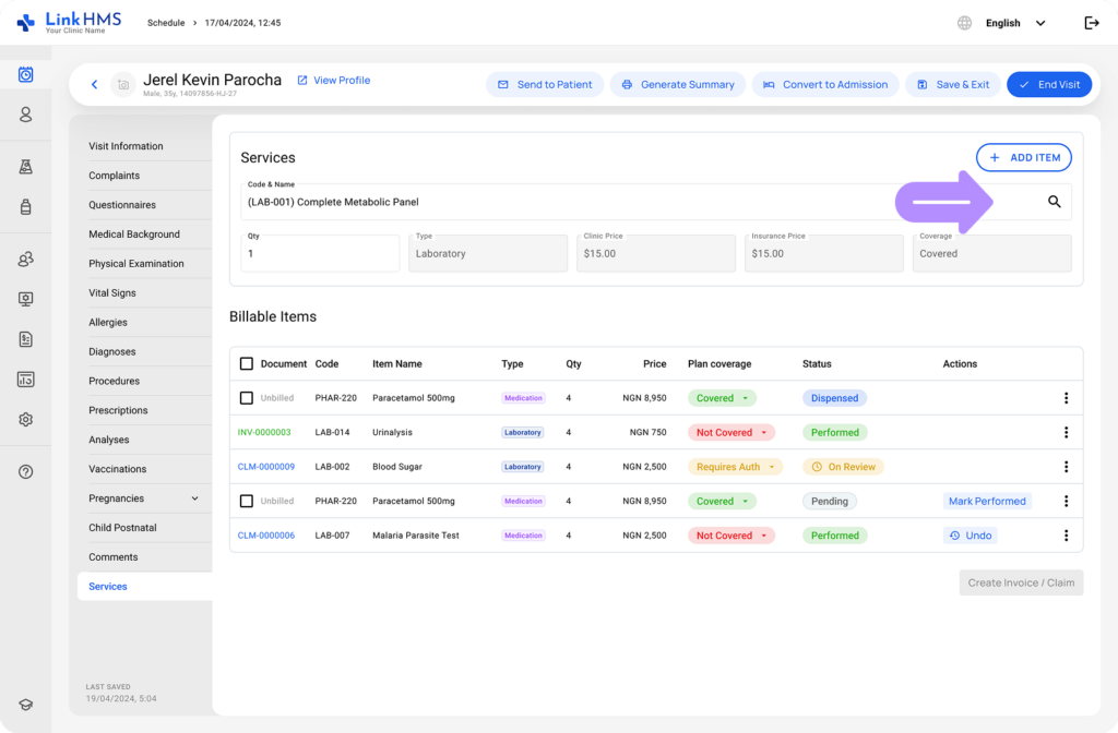 LinkHMS visit invoicing 3