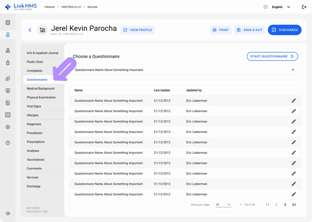 LinkHMS questionnaires during the admission 1