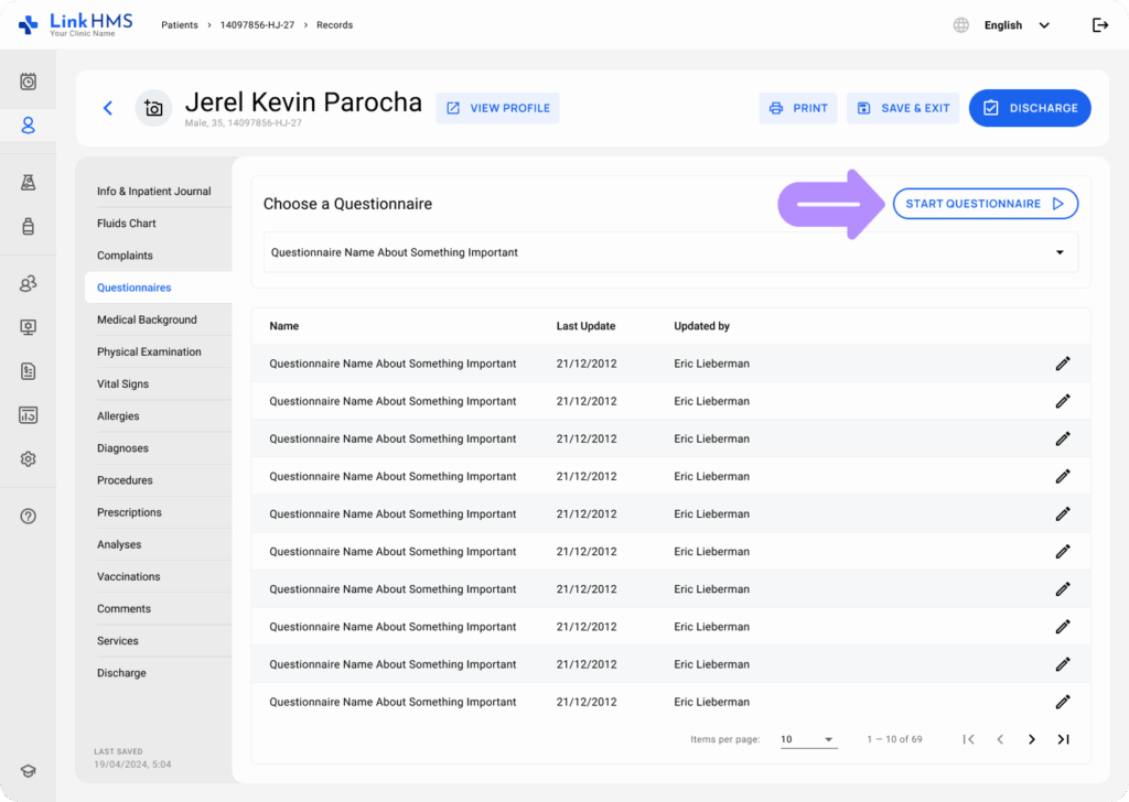 LinkHMS questionnaires during the admission 2