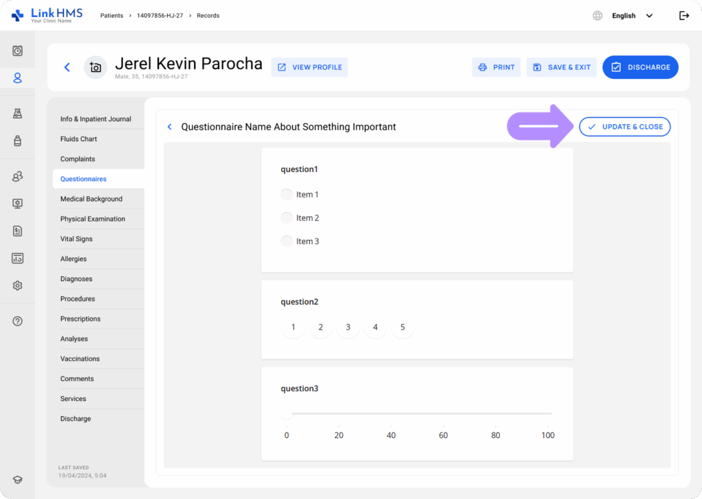 LinkHMS questionnaires during the admission 3