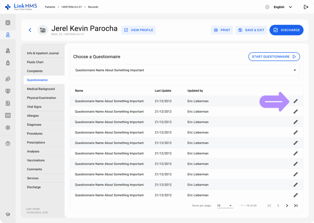 LinkHMS questionnaires during the admission 4