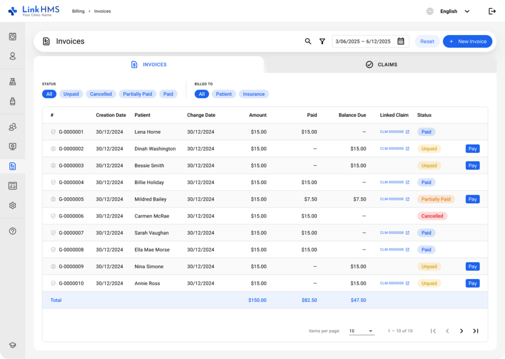 LinkHMS invoice search 1