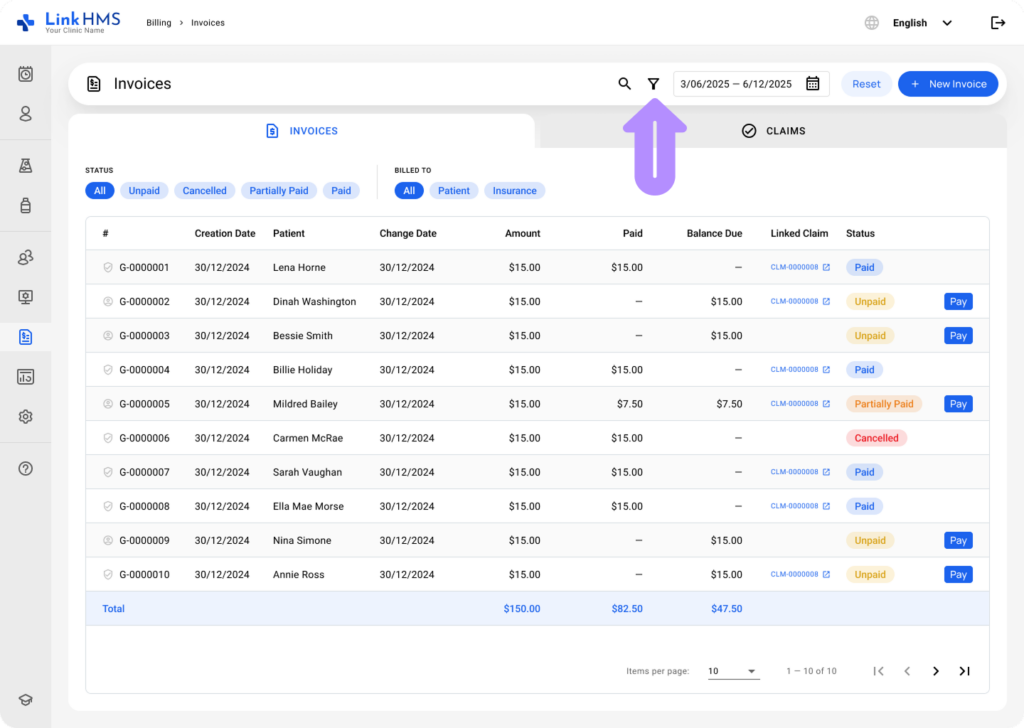 LinkHMS invoice search 2