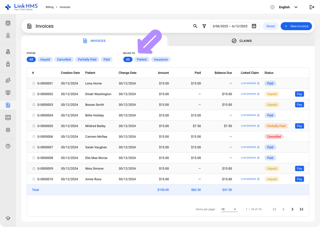 LinkHMS invoice search 3
