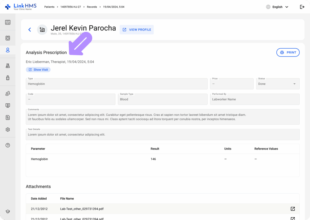 LinkHMS complete tests in EMR 1