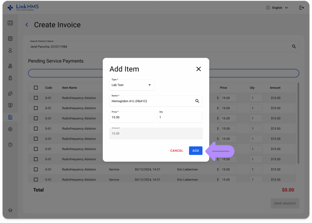 LinkHMS lab test invoicing 8