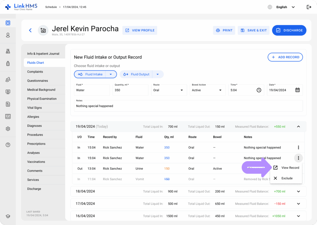 LinkHMS use fluids charts 1