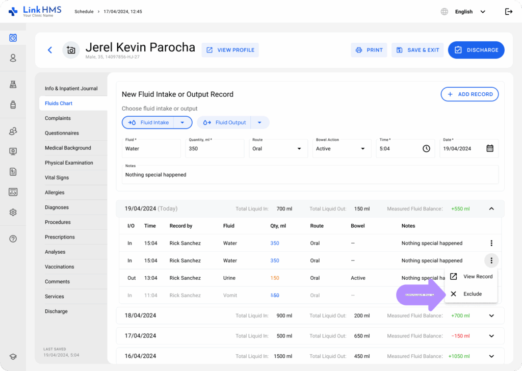 LinkHMS use fluids charts 11