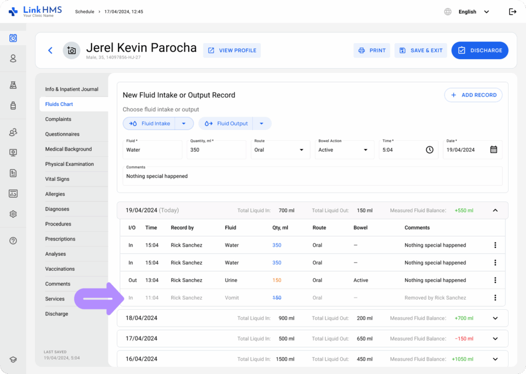 LinkHMS use fluids charts 12