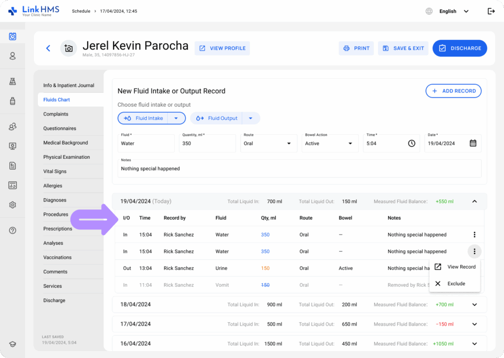 LinkHMS use fluids charts 2