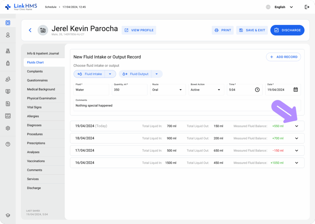 LinkHMS use fluids charts 3