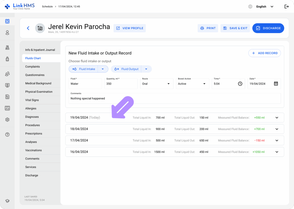 LinkHMS use fluids charts 4