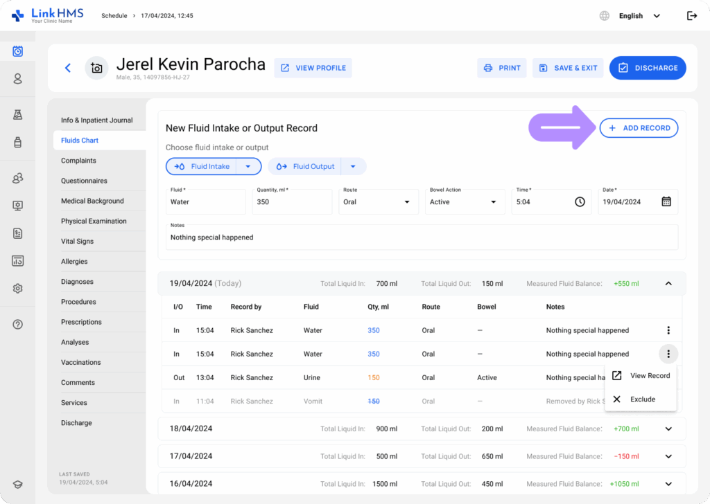 LinkHMS use fluids charts 6