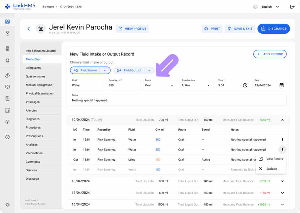 LinkHMS use fluids charts 7