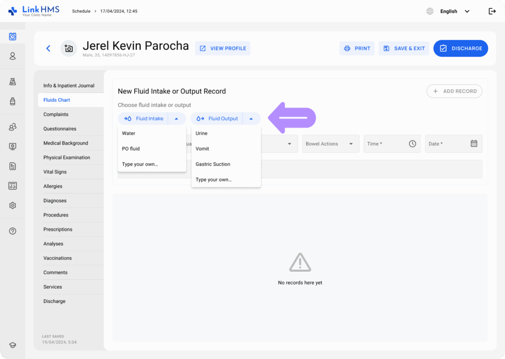 LinkHMS use fluids charts 8