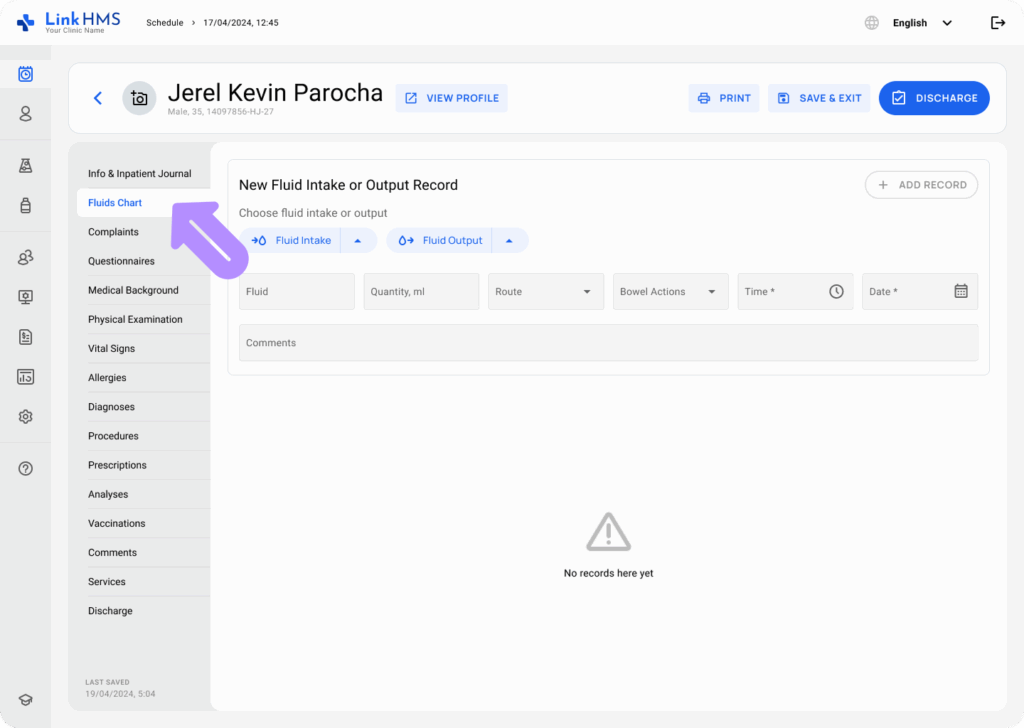 LinkHMS use fluids charts 9