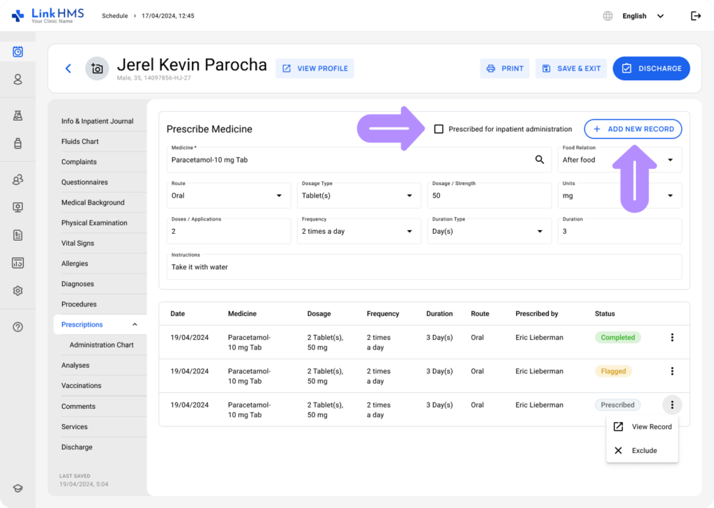 LinkHMS Make a Prescription for Inpatient Administration 3