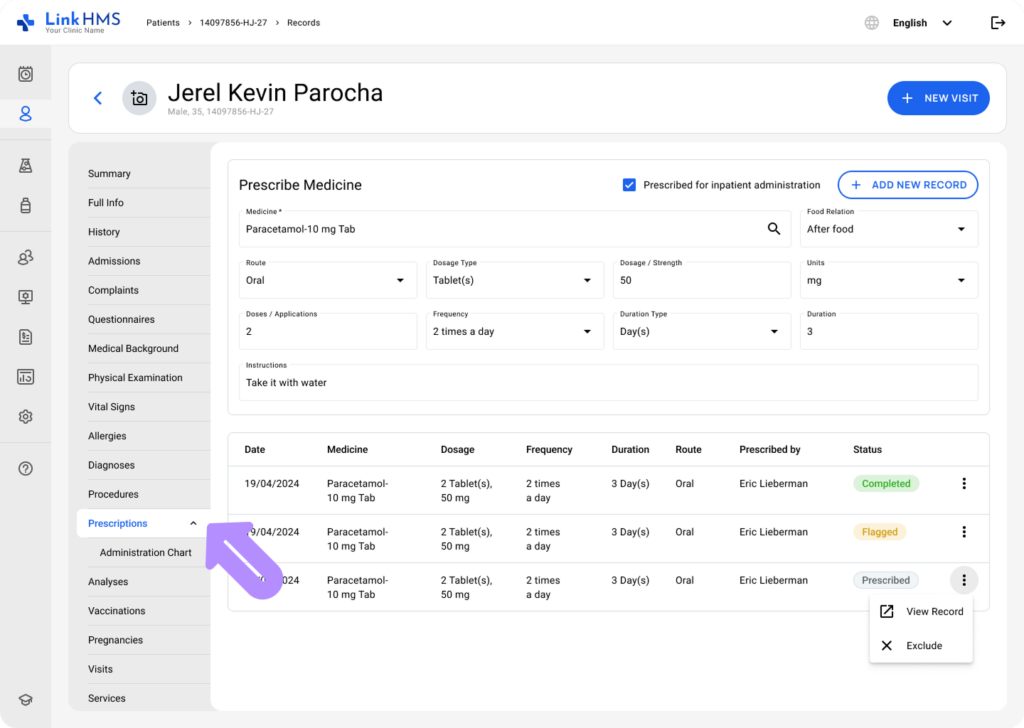 LinkHMS exclude the prescription record 1