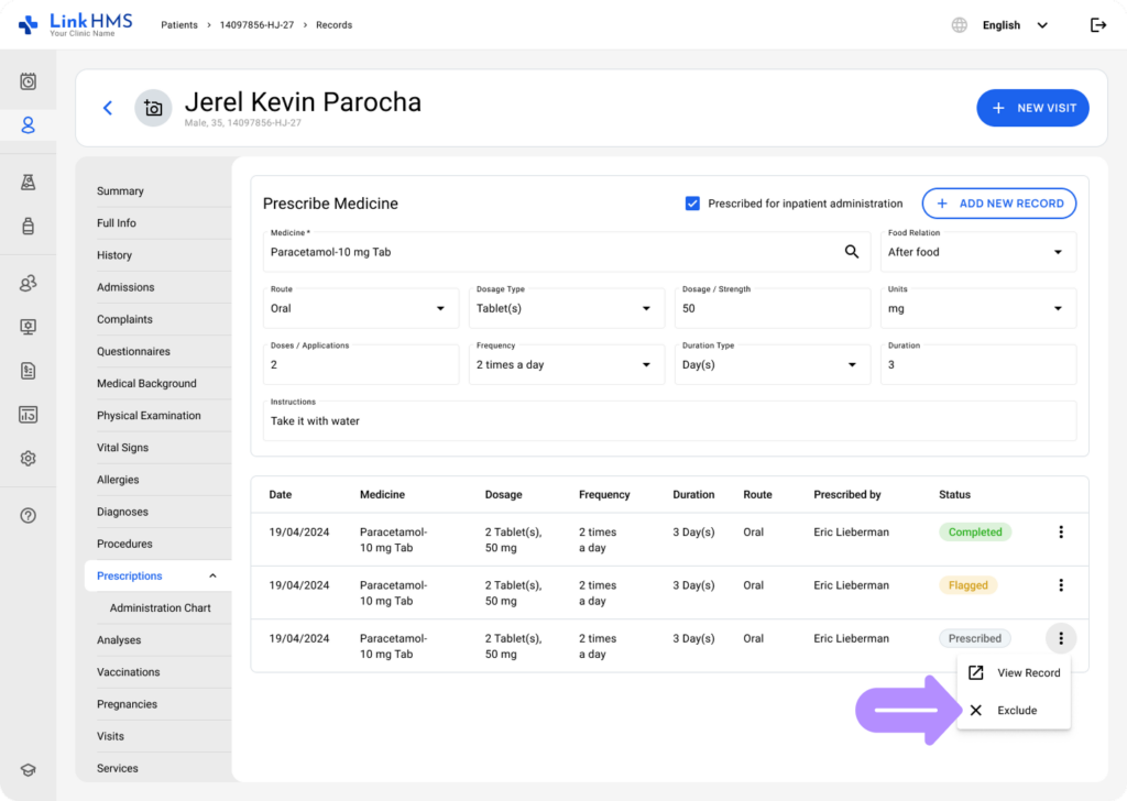 LinkHMS exclude the prescription record 2