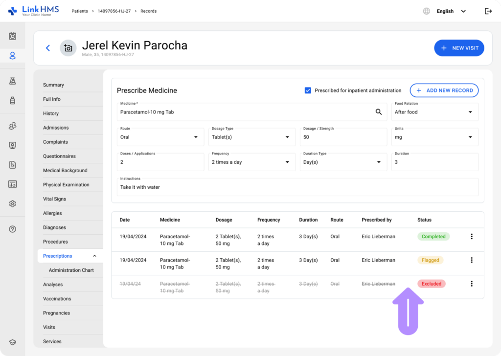 LinkHMS exclude the prescription record 4