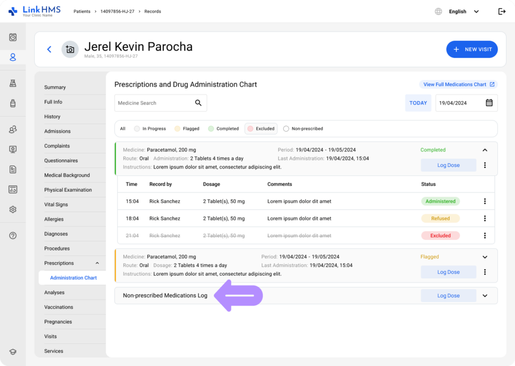 LinkHMS log non-prescribed medication administration 1