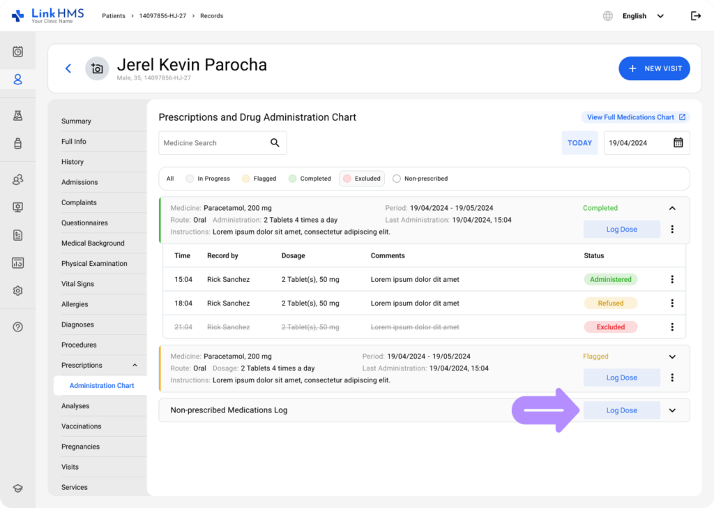 LinkHMS log non-prescribed medication administration 2