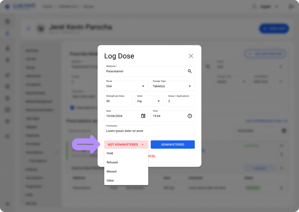 LinkHMS log non-prescribed medication administration 5