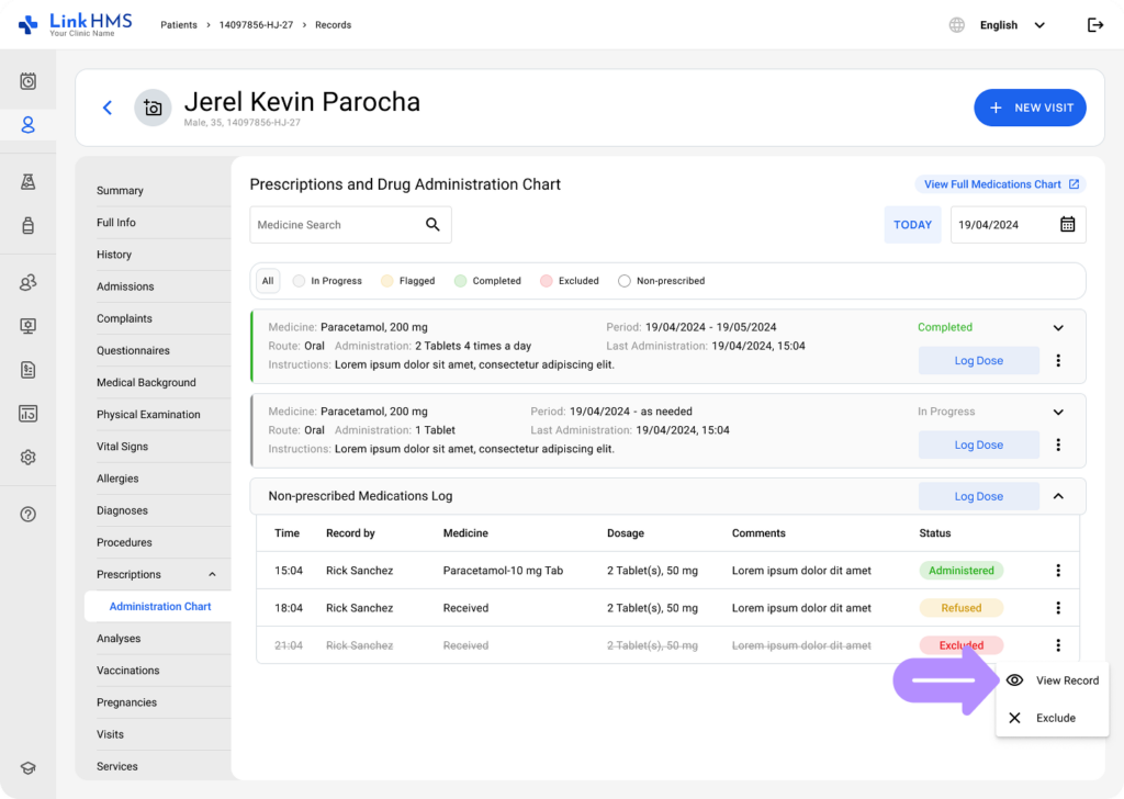 LinkHMS log non-prescribed medication administration 8