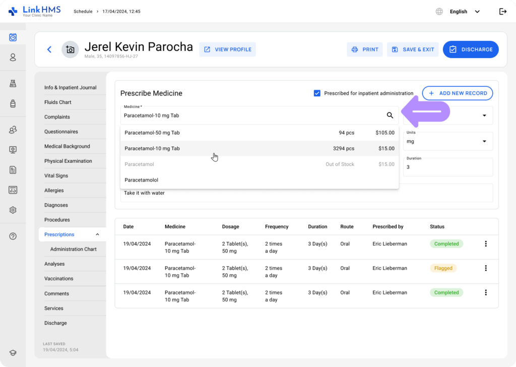 LinkHMS make a prescription during the admission 2