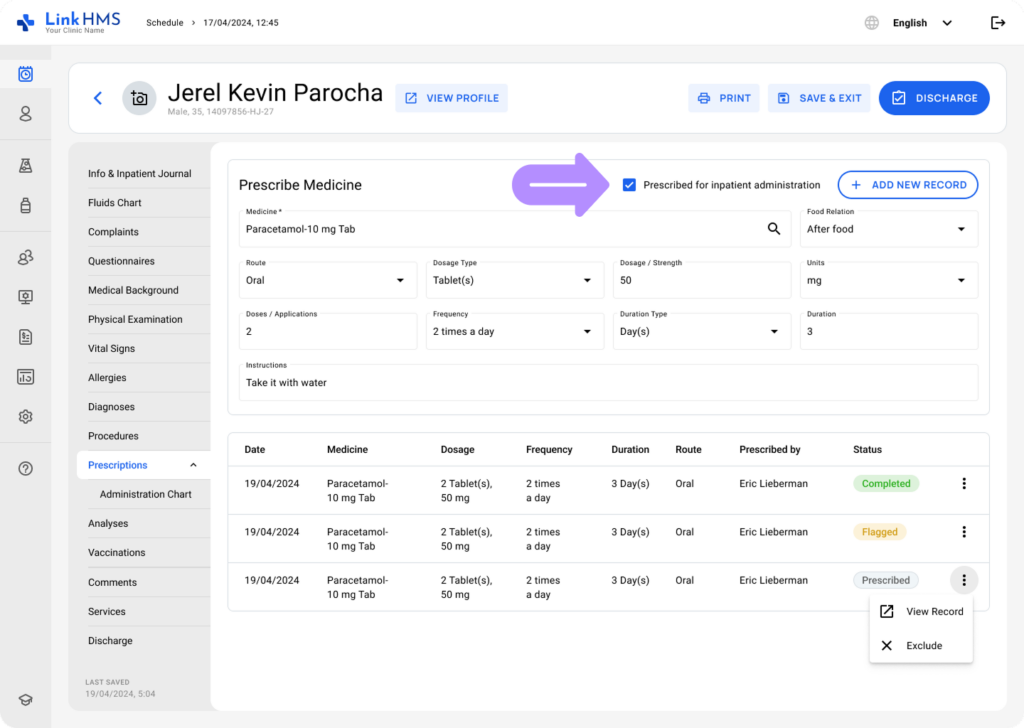 LinkHMS make a prescription during the admission 4