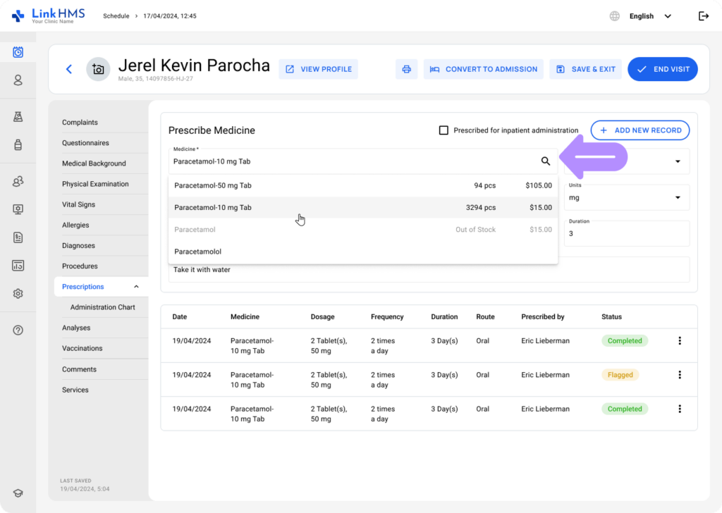 LinkHMS make a prescription during the visit 2