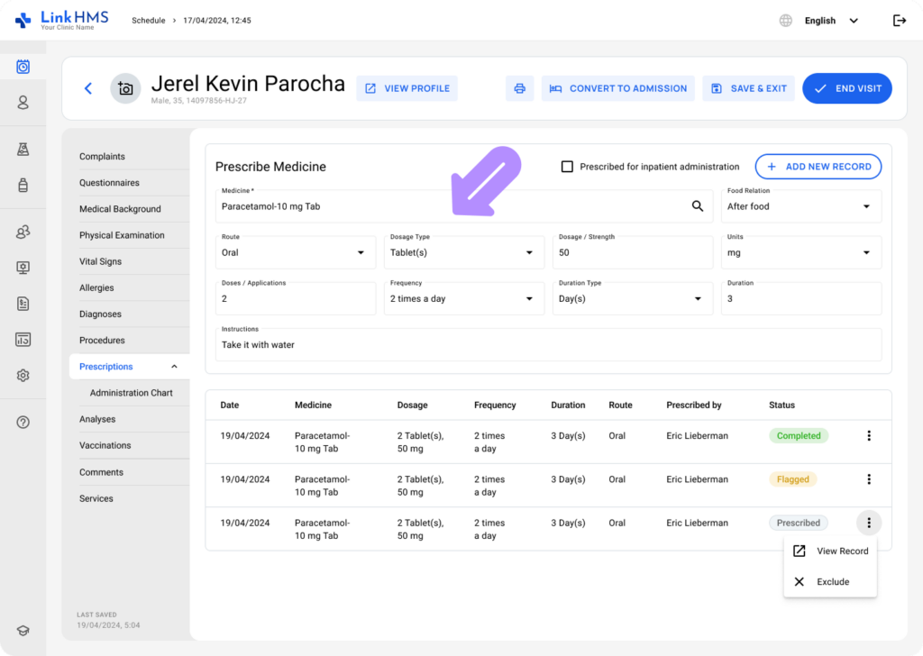 LinkHMS make a prescription during the visit 3