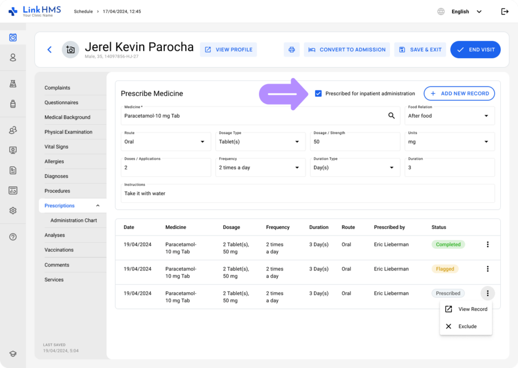 LinkHMS make a prescription during the visit 4
