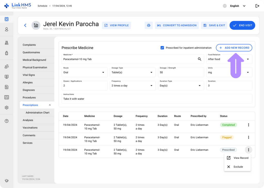 LinkHMS make a prescription during the visit 5
