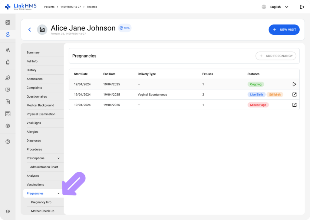 LinkHMS pregnancy info subtab 1